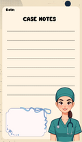 Notebook cover with a cartoon doctor and 'Case Notes' text on a beige background